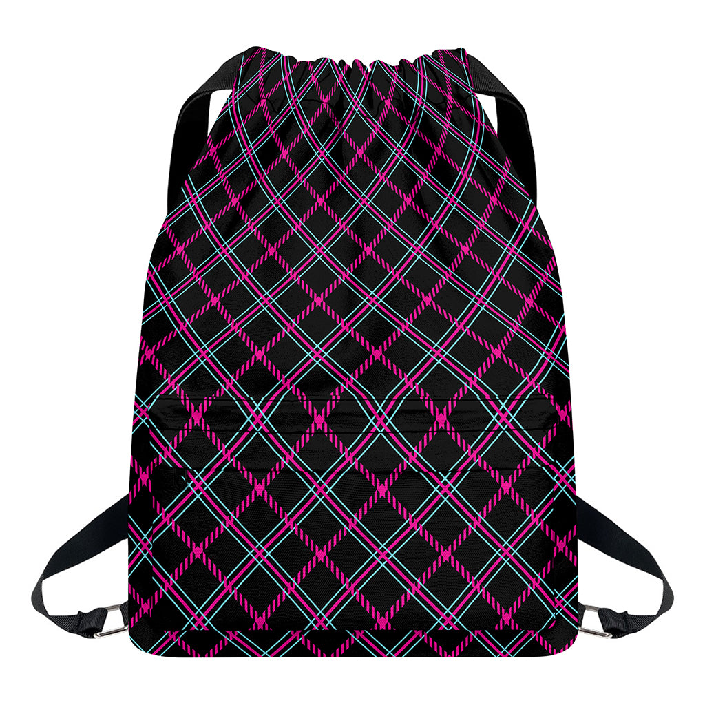 Black Pink And Blue Tartan Pattern Print Drawstring Backpack