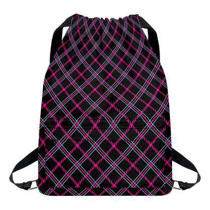 Black Pink And Blue Tartan Pattern Print Drawstring Backpack