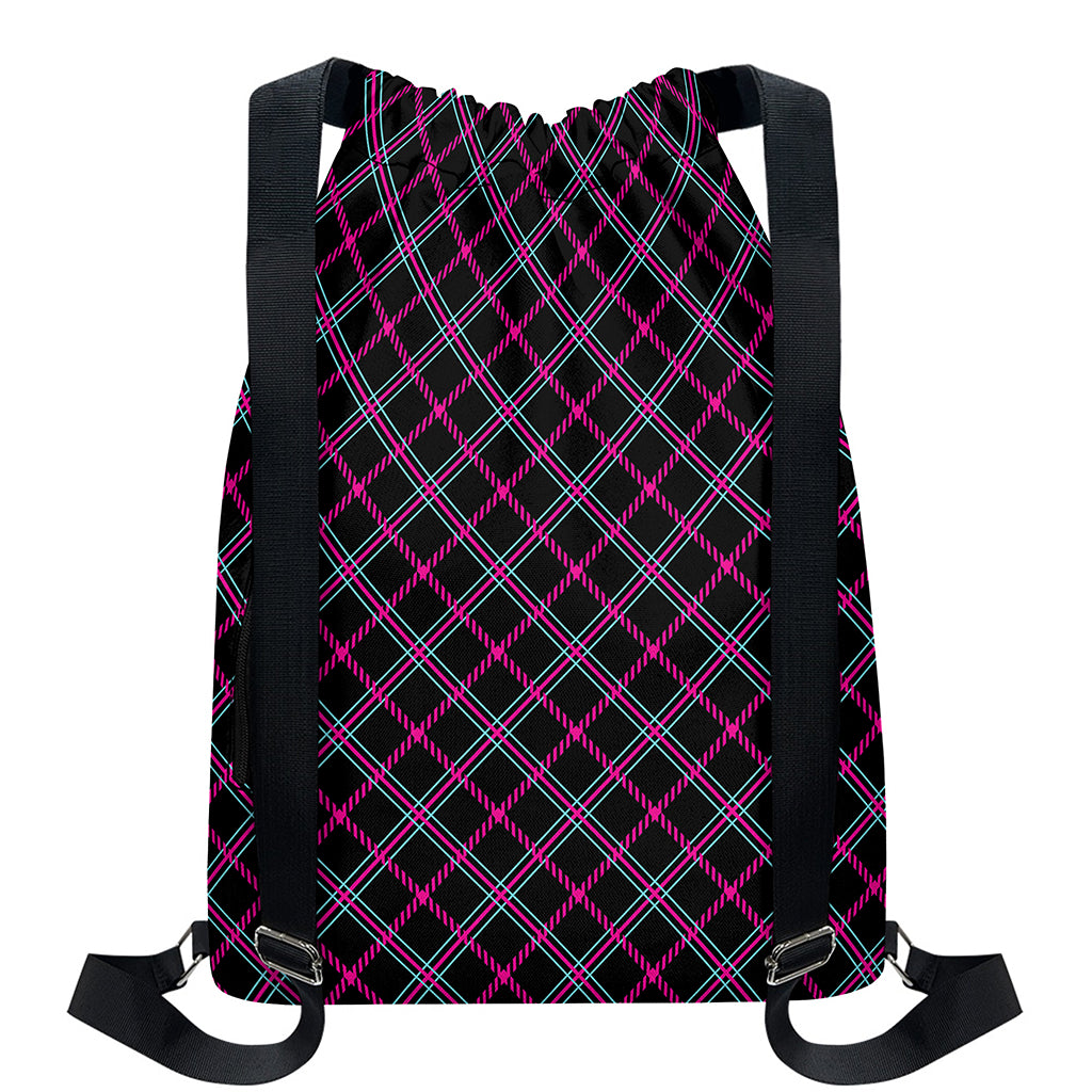Black Pink And Blue Tartan Pattern Print Drawstring Backpack