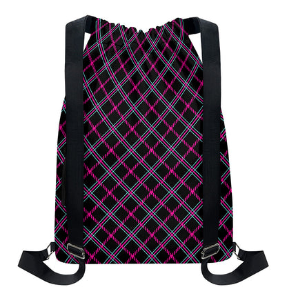 Black Pink And Blue Tartan Pattern Print Drawstring Backpack
