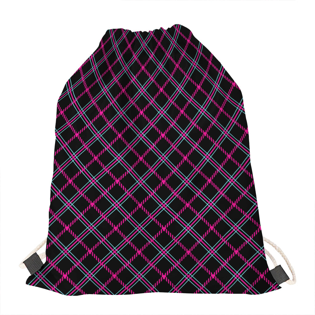 Black Pink And Blue Tartan Pattern Print Drawstring Bag