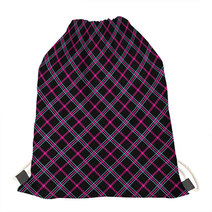 Black Pink And Blue Tartan Pattern Print Drawstring Bag