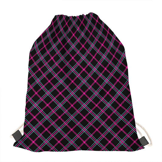 Black Pink And Blue Tartan Pattern Print Drawstring Bag