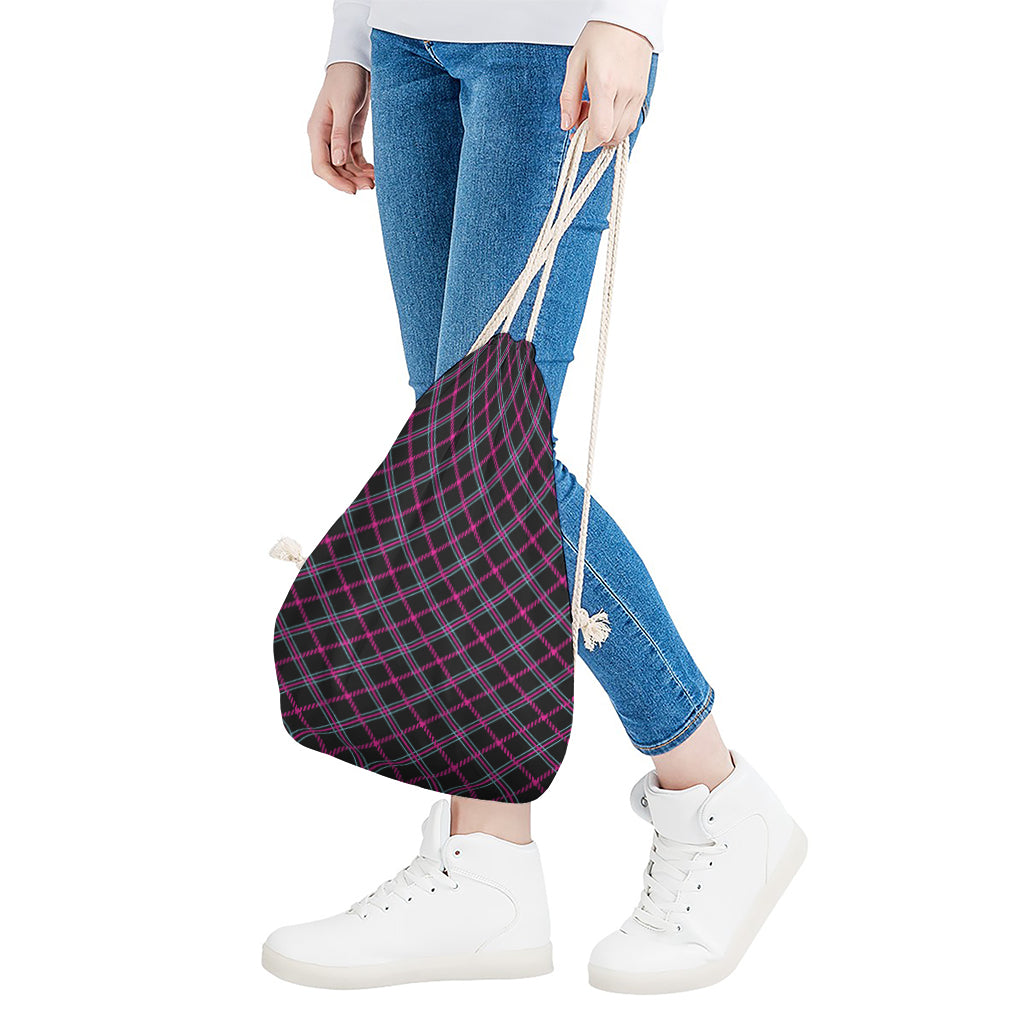 Black Pink And Blue Tartan Pattern Print Drawstring Bag