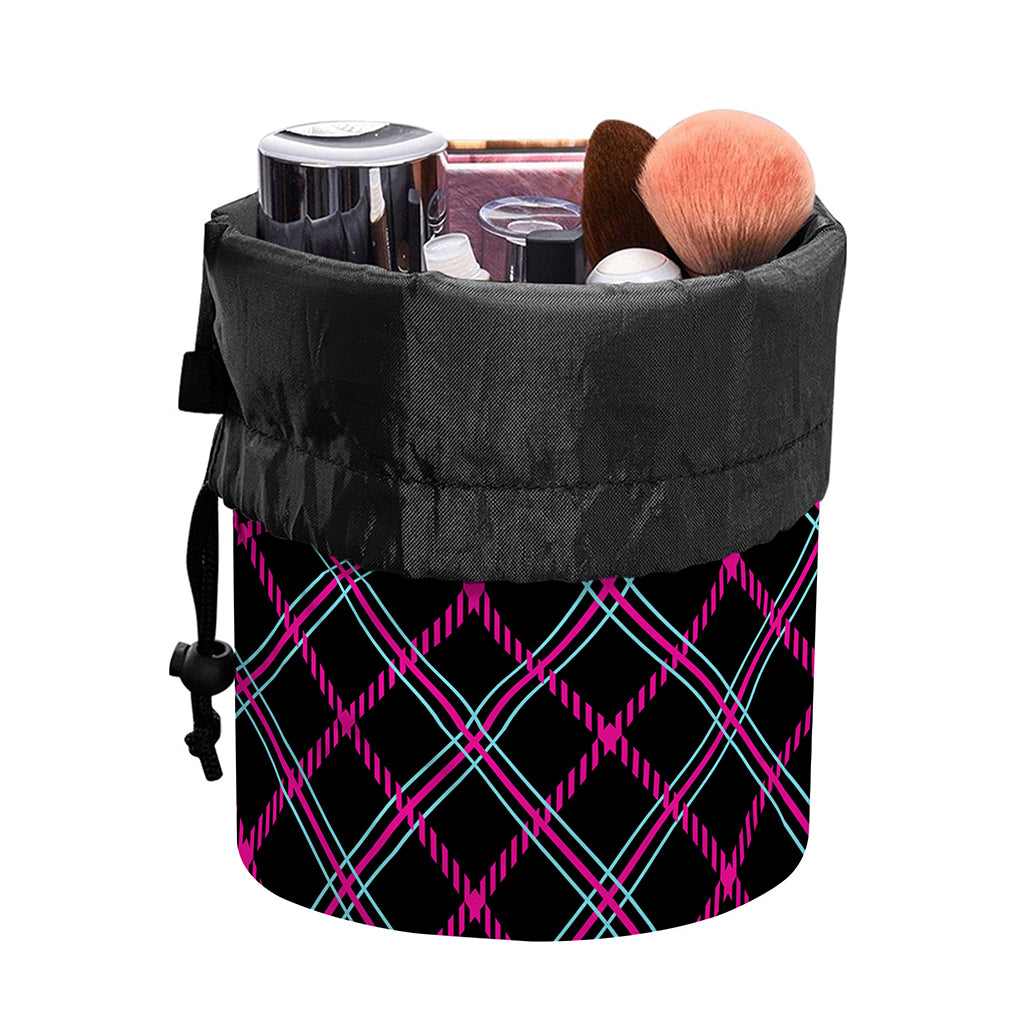 Black Pink And Blue Tartan Pattern Print Drawstring Makeup Bag