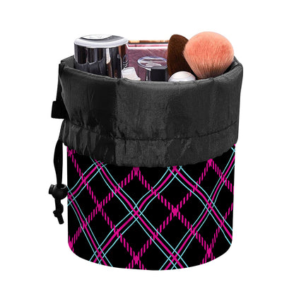 Black Pink And Blue Tartan Pattern Print Drawstring Makeup Bag