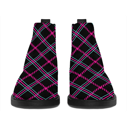 Black Pink And Blue Tartan Pattern Print Flat Ankle Boots