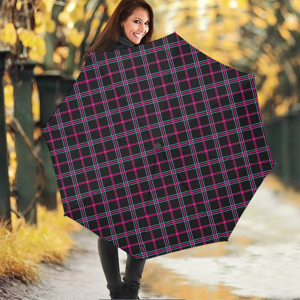 Black Pink And Blue Tartan Pattern Print Foldable Umbrella