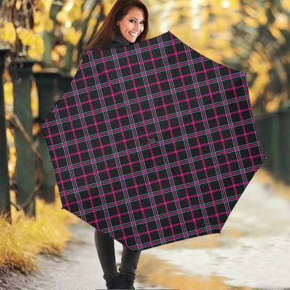 Black Pink And Blue Tartan Pattern Print Foldable Umbrella