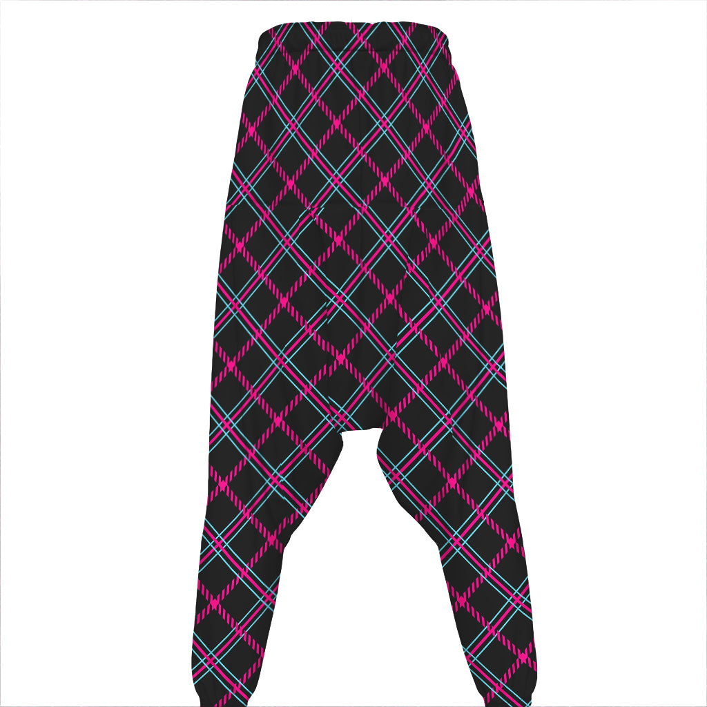 Black Pink And Blue Tartan Pattern Print Hammer Pants
