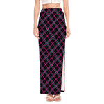 Black Pink And Blue Tartan Pattern Print High Slit Maxi Skirt