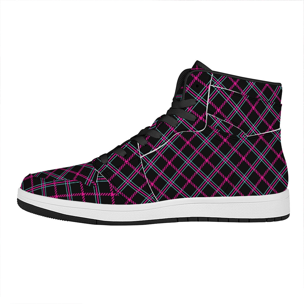 Black Pink And Blue Tartan Pattern Print High Top Leather Sneakers
