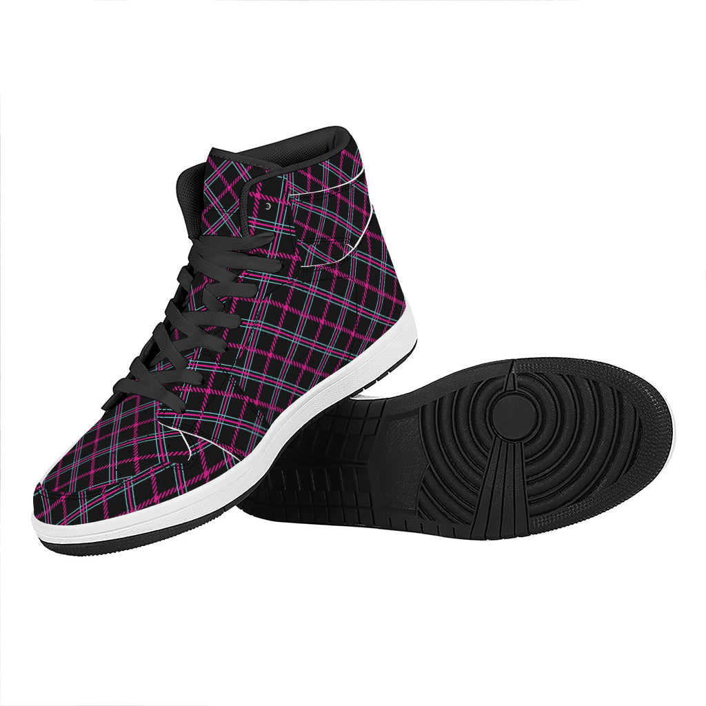 Black Pink And Blue Tartan Pattern Print High Top Leather Sneakers