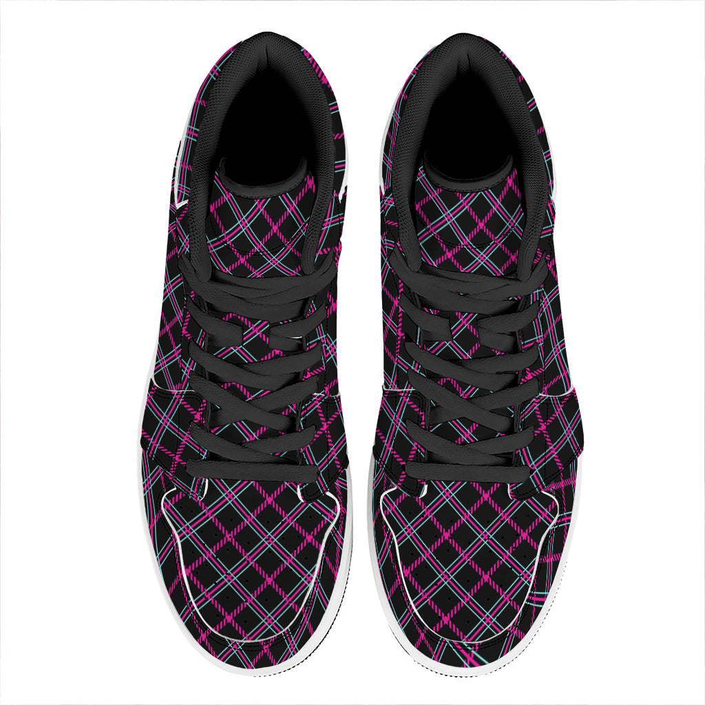 Black Pink And Blue Tartan Pattern Print High Top Leather Sneakers