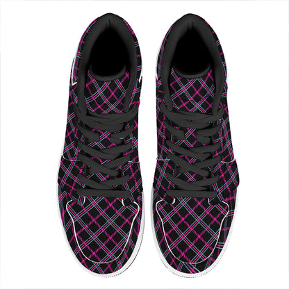 Black Pink And Blue Tartan Pattern Print High Top Leather Sneakers