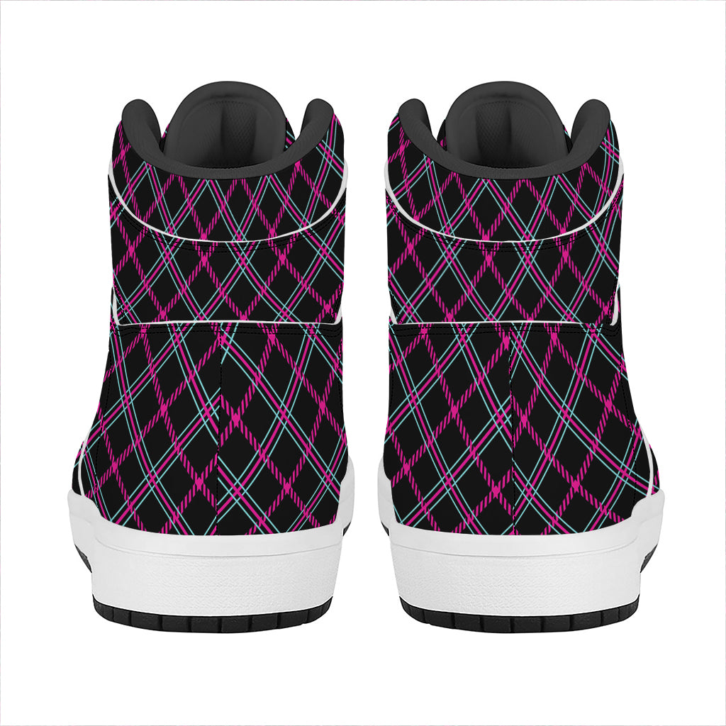 Black Pink And Blue Tartan Pattern Print High Top Leather Sneakers