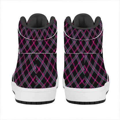 Black Pink And Blue Tartan Pattern Print High Top Leather Sneakers
