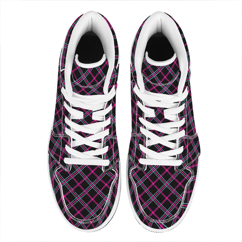 Black Pink And Blue Tartan Pattern Print High Top Leather Sneakers