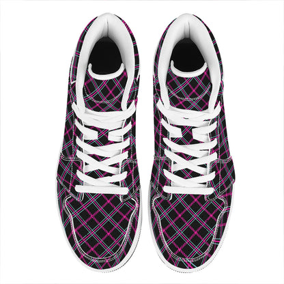 Black Pink And Blue Tartan Pattern Print High Top Leather Sneakers