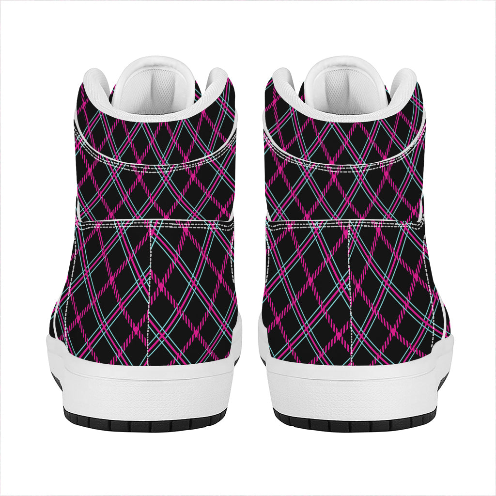 Black Pink And Blue Tartan Pattern Print High Top Leather Sneakers