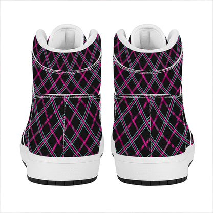 Black Pink And Blue Tartan Pattern Print High Top Leather Sneakers