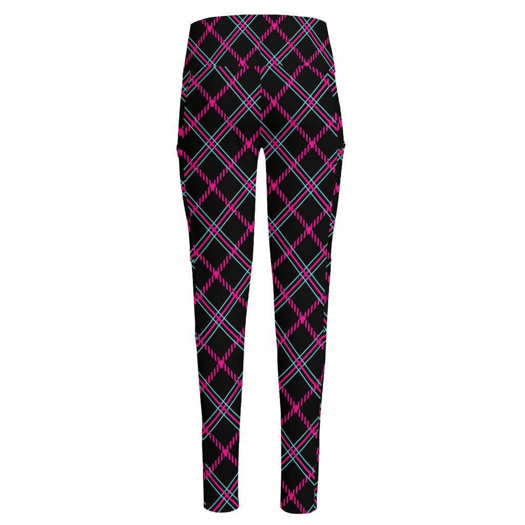 Black Pink And Blue Tartan Pattern Print High-Waisted Pocket Leggings