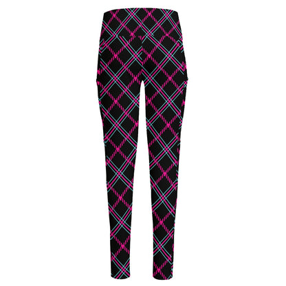 Black Pink And Blue Tartan Pattern Print High-Waisted Pocket Leggings
