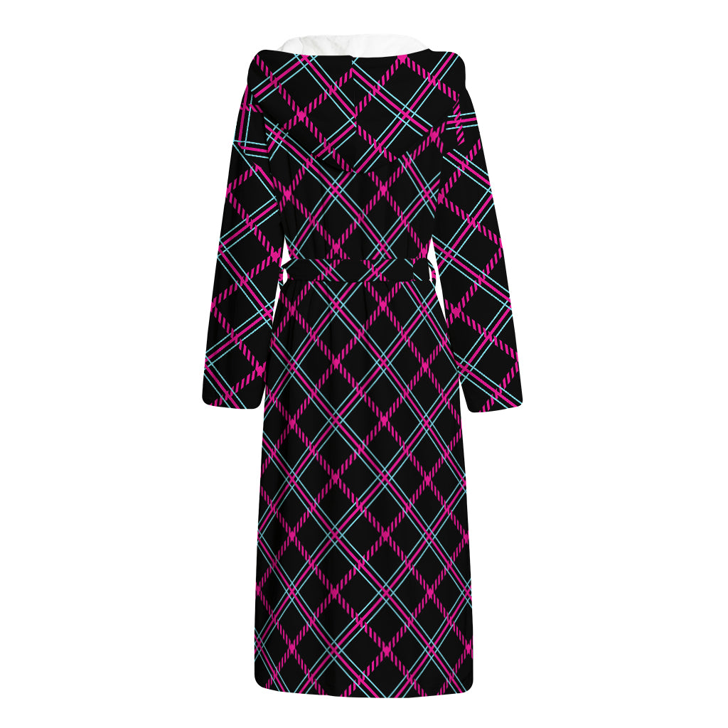 Black Pink And Blue Tartan Pattern Print Hooded Bathrobe