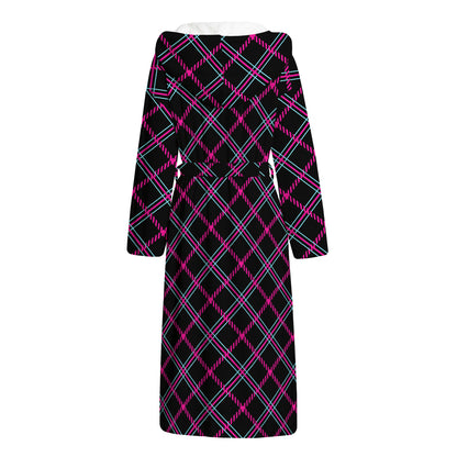 Black Pink And Blue Tartan Pattern Print Hooded Bathrobe