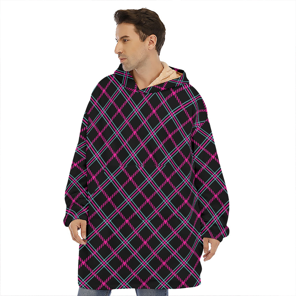 Black Pink And Blue Tartan Pattern Print Hoodie Blanket