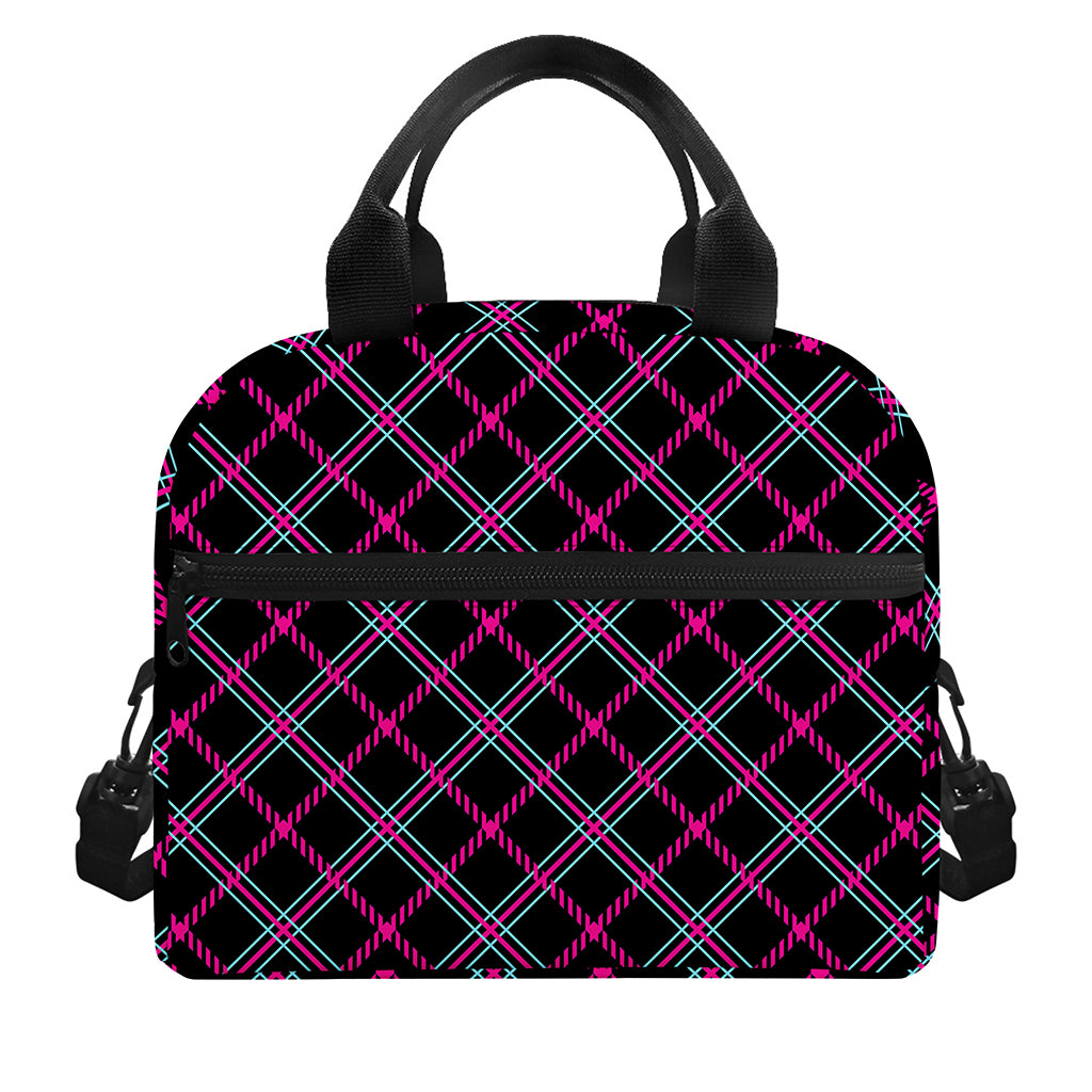 Black Pink And Blue Tartan Pattern Print Insulated Lunch Bag