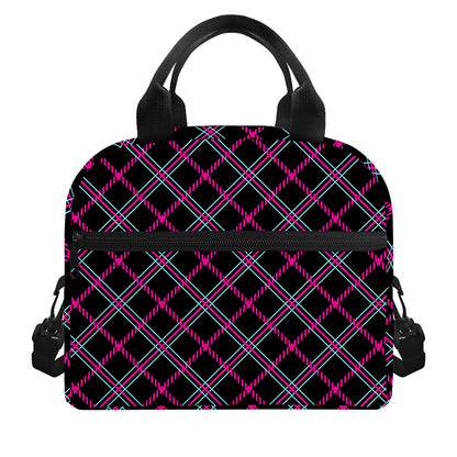 Black Pink And Blue Tartan Pattern Print Insulated Lunch Bag