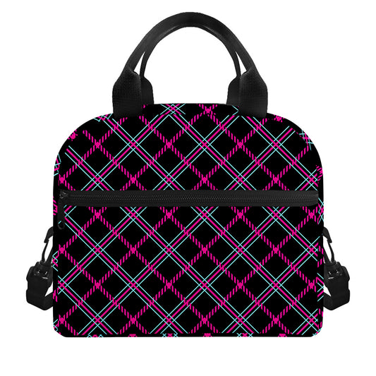 Black Pink And Blue Tartan Pattern Print Insulated Lunch Bag