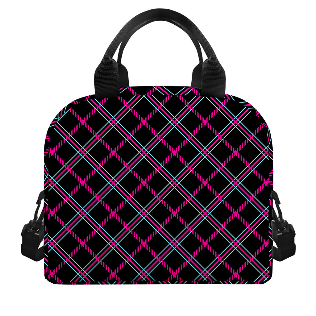 Black Pink And Blue Tartan Pattern Print Insulated Lunch Bag