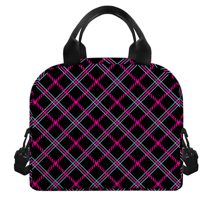 Black Pink And Blue Tartan Pattern Print Insulated Lunch Bag