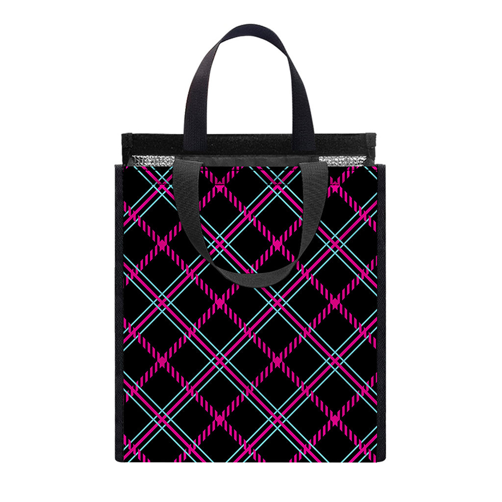 Black Pink And Blue Tartan Pattern Print Insulated Lunch Tote