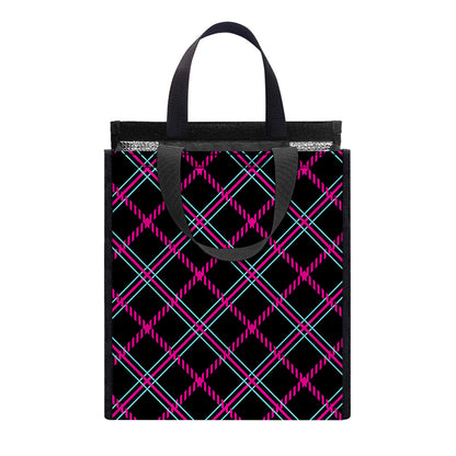 Black Pink And Blue Tartan Pattern Print Insulated Lunch Tote
