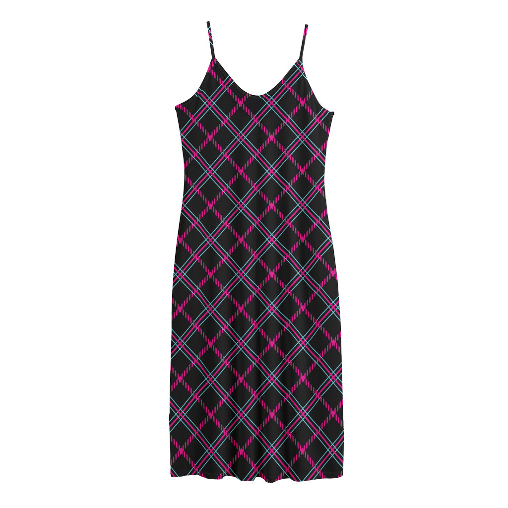Black Pink And Blue Tartan Pattern Print Jersey Midi Cami Dress