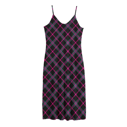 Black Pink And Blue Tartan Pattern Print Jersey Midi Cami Dress