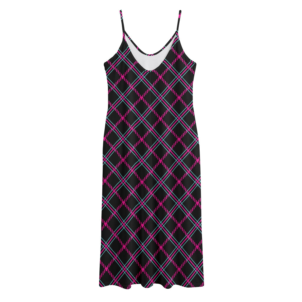 Black Pink And Blue Tartan Pattern Print Jersey Midi Cami Dress