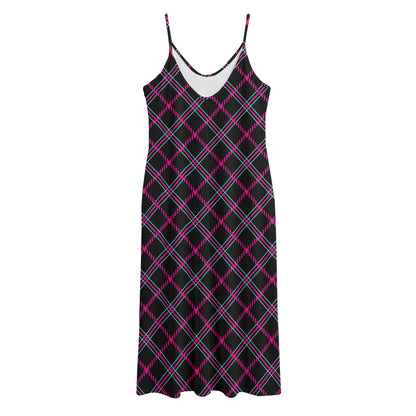 Black Pink And Blue Tartan Pattern Print Jersey Midi Cami Dress