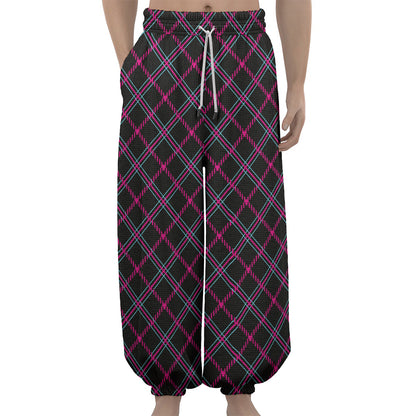 Black Pink And Blue Tartan Pattern Print Lantern Pants