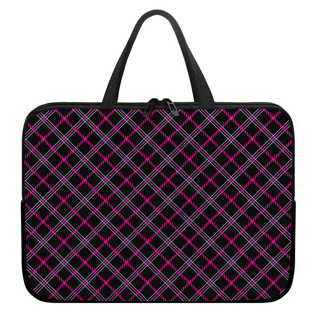 Black Pink And Blue Tartan Pattern Print Laptop Sleeve With Handle