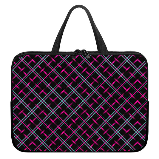 Black Pink And Blue Tartan Pattern Print Laptop Sleeve With Handle