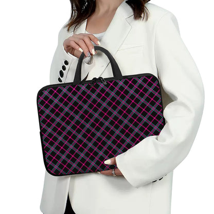 Black Pink And Blue Tartan Pattern Print Laptop Sleeve With Handle