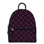 Black Pink And Blue Tartan Pattern Print Leather Backpack