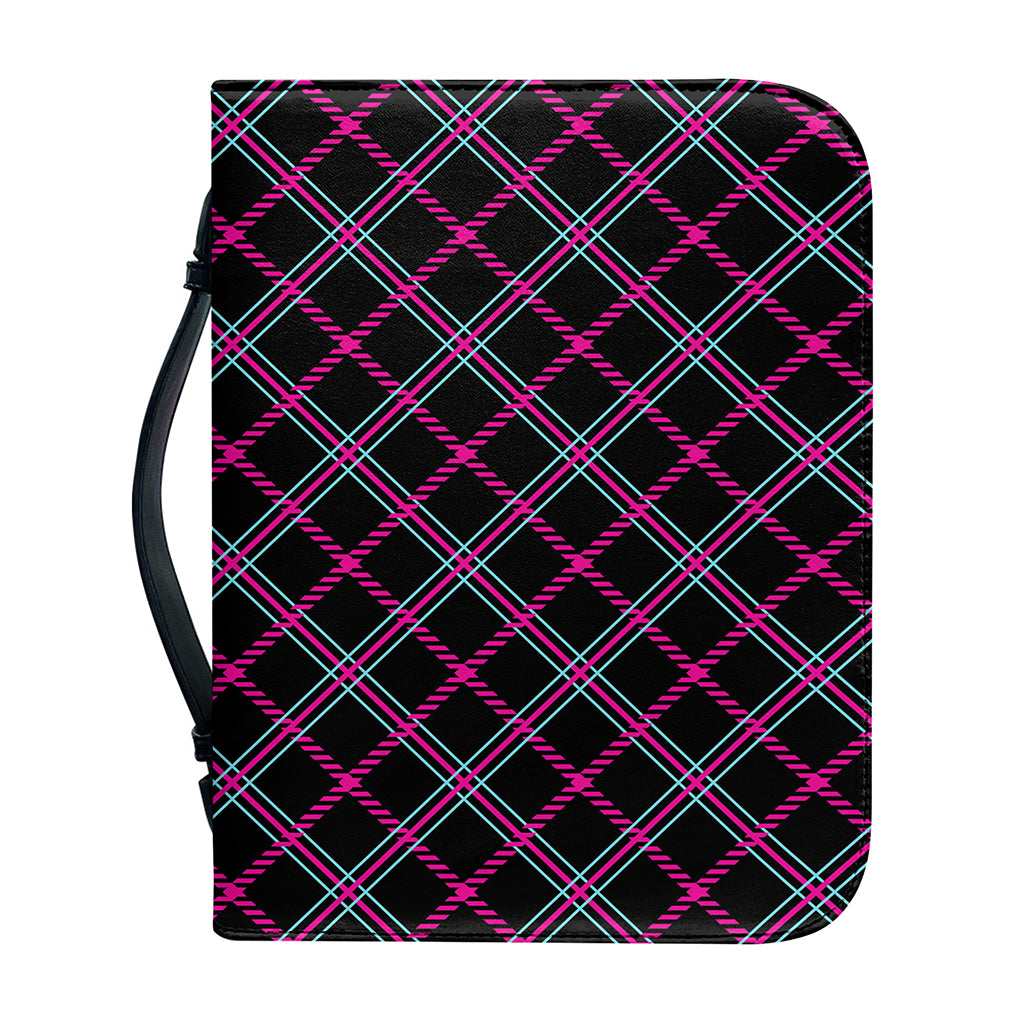 Black Pink And Blue Tartan Pattern Print Leather Bible Cover