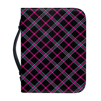 Black Pink And Blue Tartan Pattern Print Leather Bible Cover