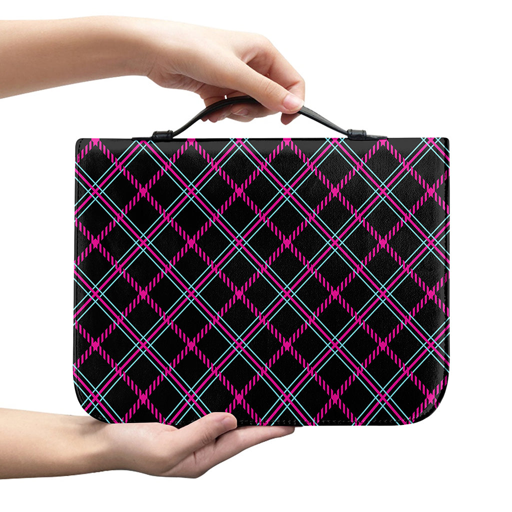 Black Pink And Blue Tartan Pattern Print Leather Bible Cover