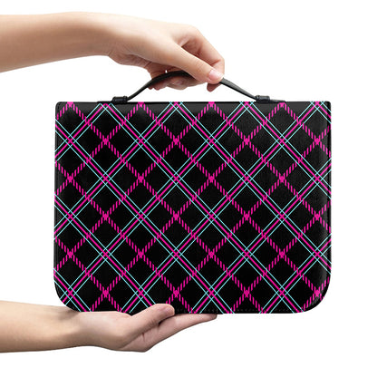 Black Pink And Blue Tartan Pattern Print Leather Bible Cover